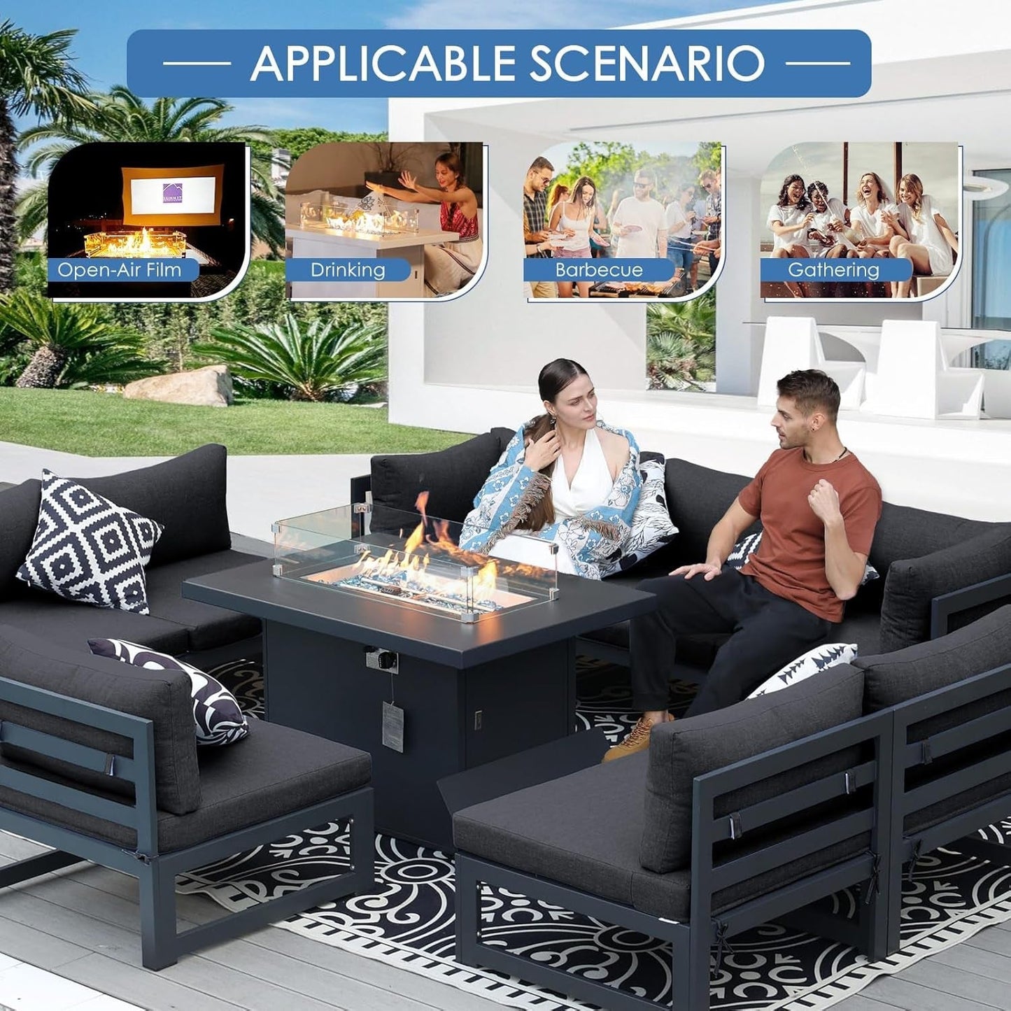 Modern Grey Aluminum 6-Piece Patio Sofa Fire Pit Set-2