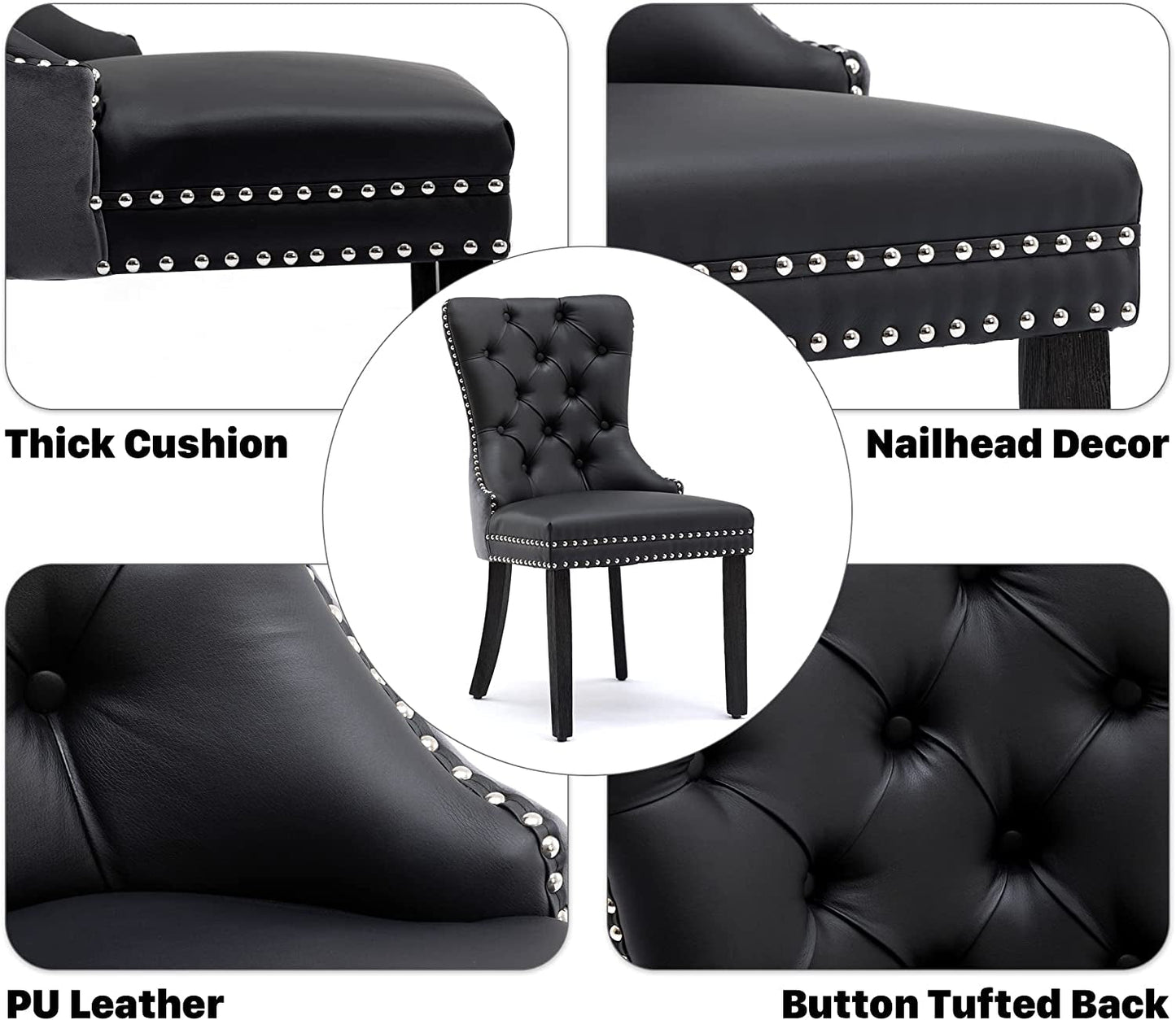 Black and Dark Grey Velvet Dining Chairs Set of 6 with Nailhead Trim and Pull Ring-3