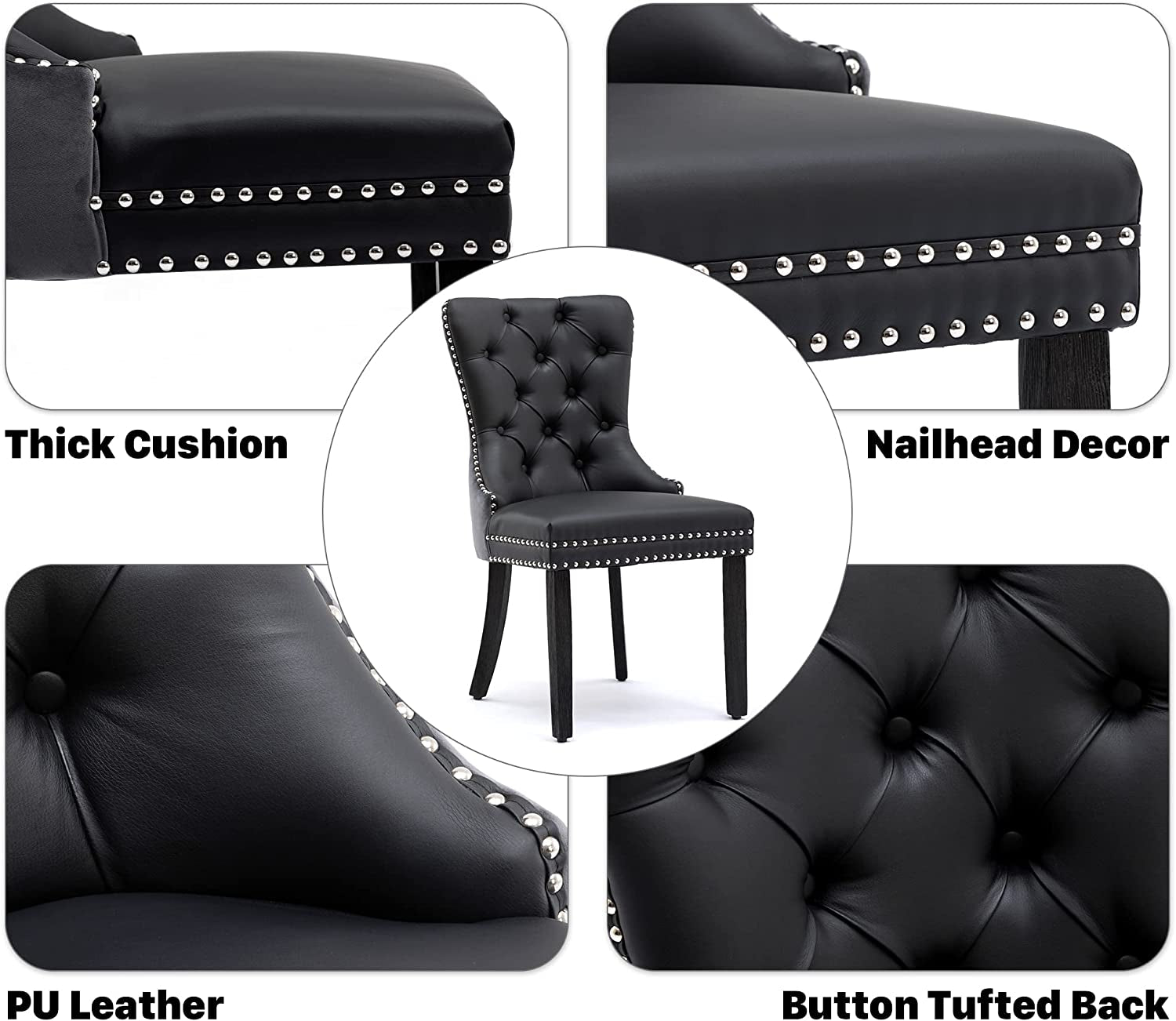 Black and Dark Grey Velvet Dining Chairs Set of 6 with Nailhead Trim and Pull Ring-3