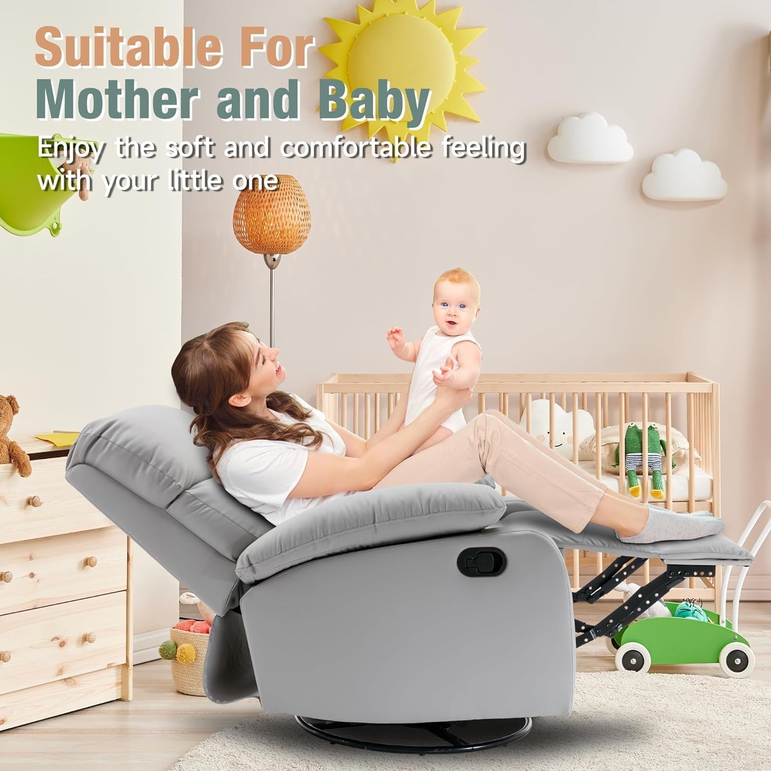 Swivel Rocker Recliner, Rocking Recliner Chair, Small Rocker Recliners for Small Spaces, Living Room, Bedroom, Nursery, RV, Light Grey-1