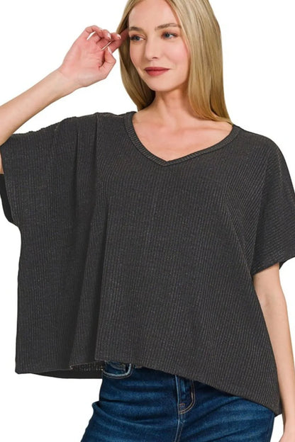 Zenana Ribbed V-Neck Short-Sleeve Knit Top