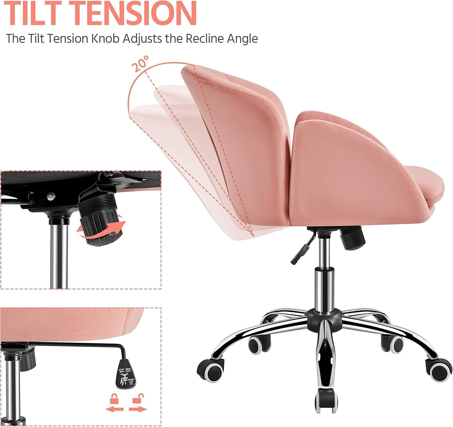 Pink Desk Chair Cute Velvet Chair for Home Office, Vanity Chair with Wheels Armrests Modern Swivel Rolling Chair for Bedroom-4