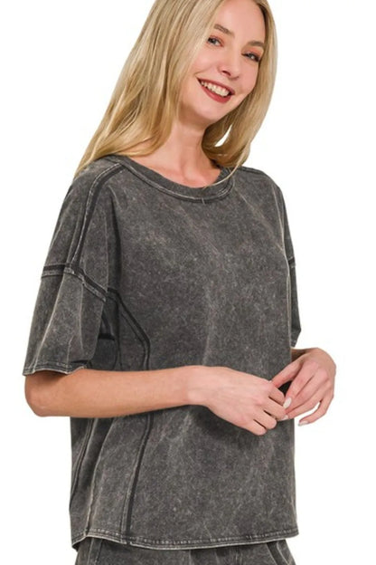 Zenana Acid Washed Short Sleeve Tee & Shorts Set