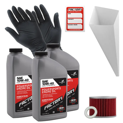 10W-40 engine oil quart bottles with black gloves and funnel for Honda CB350F oil change