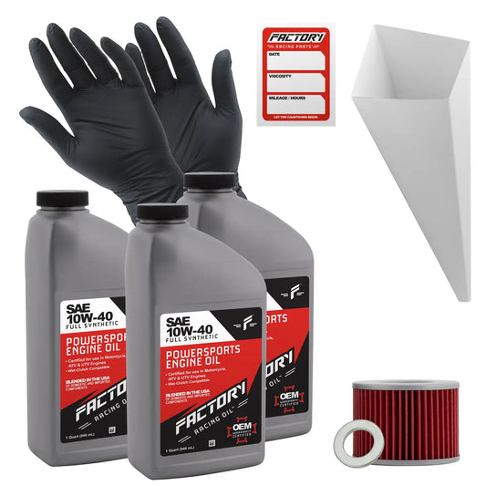 10W-40 engine oil quart bottles with black gloves and funnel for Honda CB350F oil change