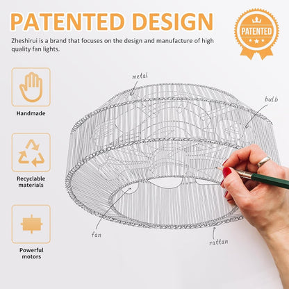 20" Boho Caged Ceiling Fan with Lights Flush Mount, Low Profile Rattan Ceiling Fans with Lights and Remote Control, Enclosed 6 Speeds for Bedroom, Living Room, Kitchen-2
