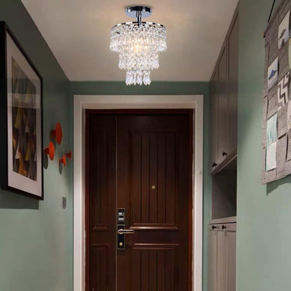 Small Crystal Chandelier Led Crystal Ceiling Lights 3 Tiers Crystal Raindrops Chandelier Pendant Lighting Fixture Decoration for Bedroom Hallway Living Room,Chrome,E26-1