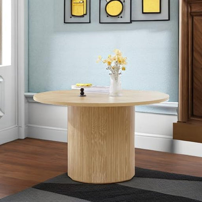 Round Dining Table for 4, Modern Farmhouse Kitchen Table, 47 Inch Small Circle Dining Tables with Wood Strip Base for Kitchen Living Room (Natural)-4