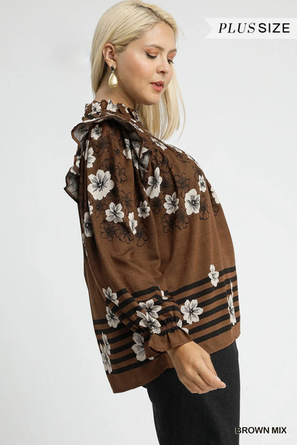 Umgee Full Size Mix Floral Smocked Ruffle Blouse Plus Size