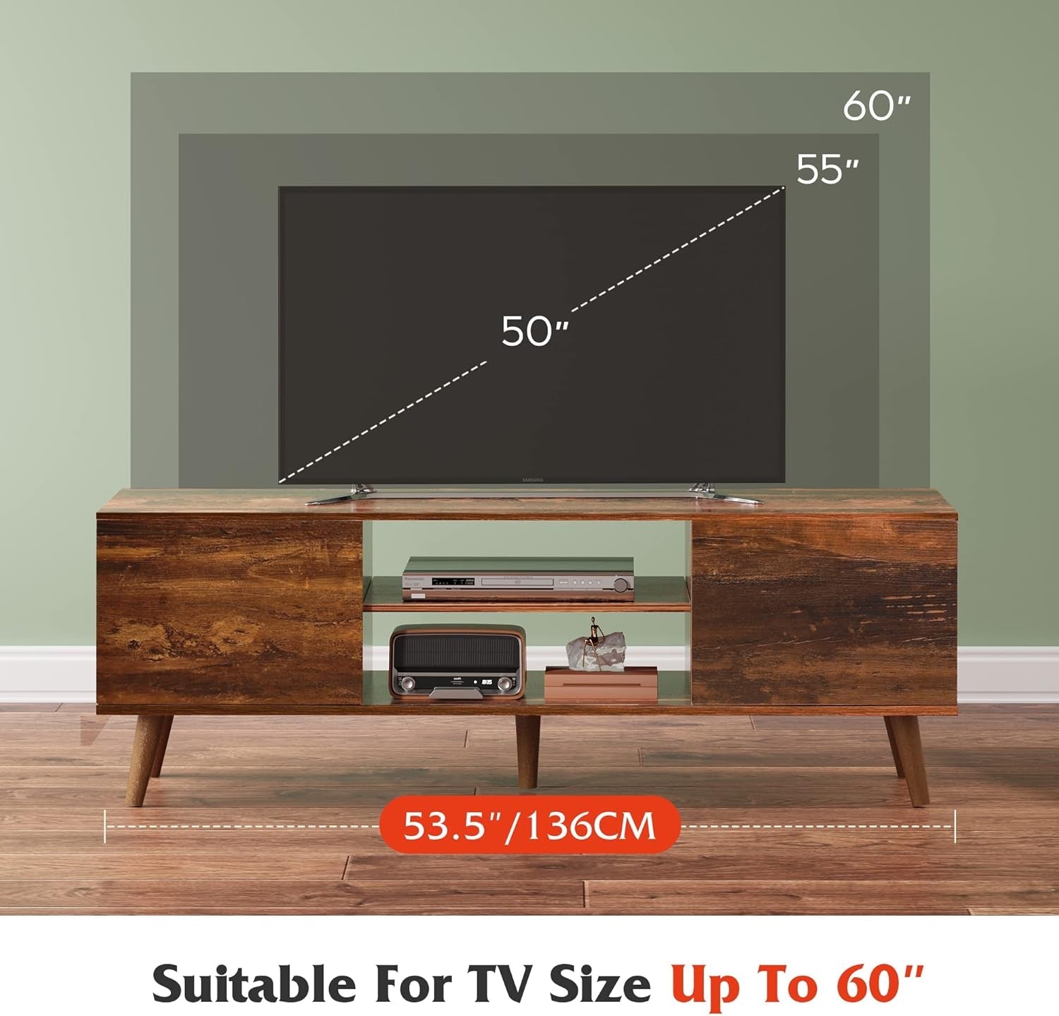 TV Stand for 55 60 Inch TV, Mid Century Modern TV Console, Entertainment Center with Storage for Living Room, Retro Brown-4