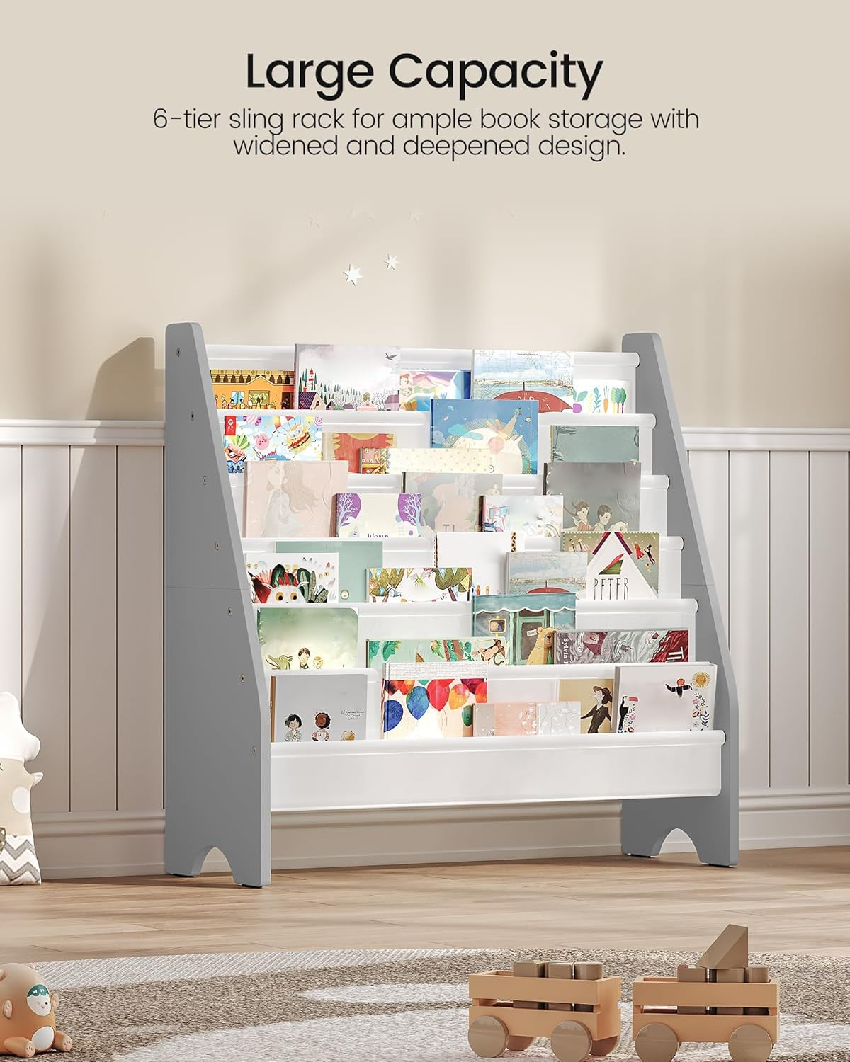 6-Tier Kids Bookshelf, Kids Sling Bookcase, Magazine and Book Storage Rack, Large Capacity Book Organizer, Book Shelf for Kids Room, Bedroom, Nursery, Playroom, White and Gray MCW07WG-3