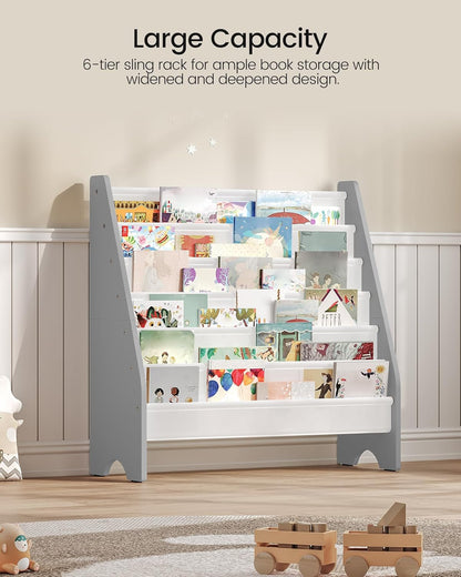 6-Tier Kids Bookshelf, Kids Sling Bookcase, Magazine and Book Storage Rack, Large Capacity Book Organizer, Book Shelf for Kids Room, Bedroom, Nursery, Playroom, White and Gray MCW07WG-3