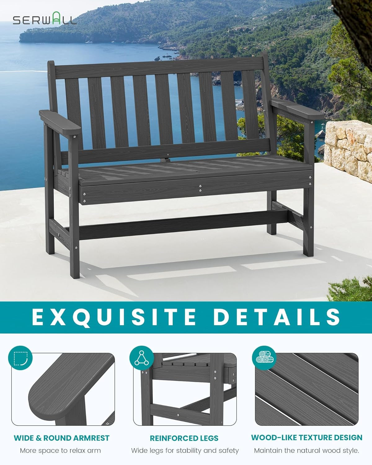 Weatherproof Two-Person Outdoor Bench With High Weight Capacity-3