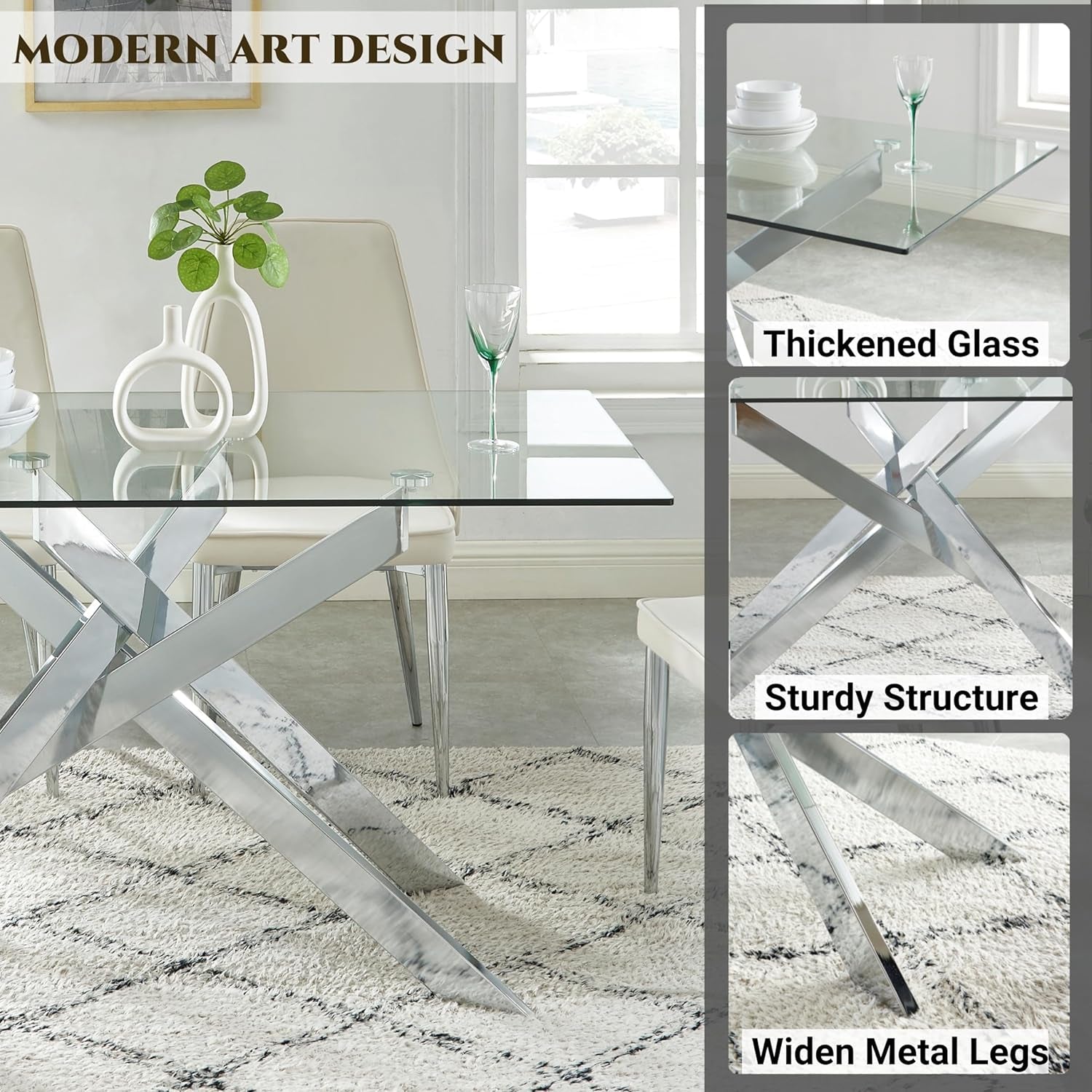 58.5 Inch Rectangular Glass Dining Table With Silver Finish-2