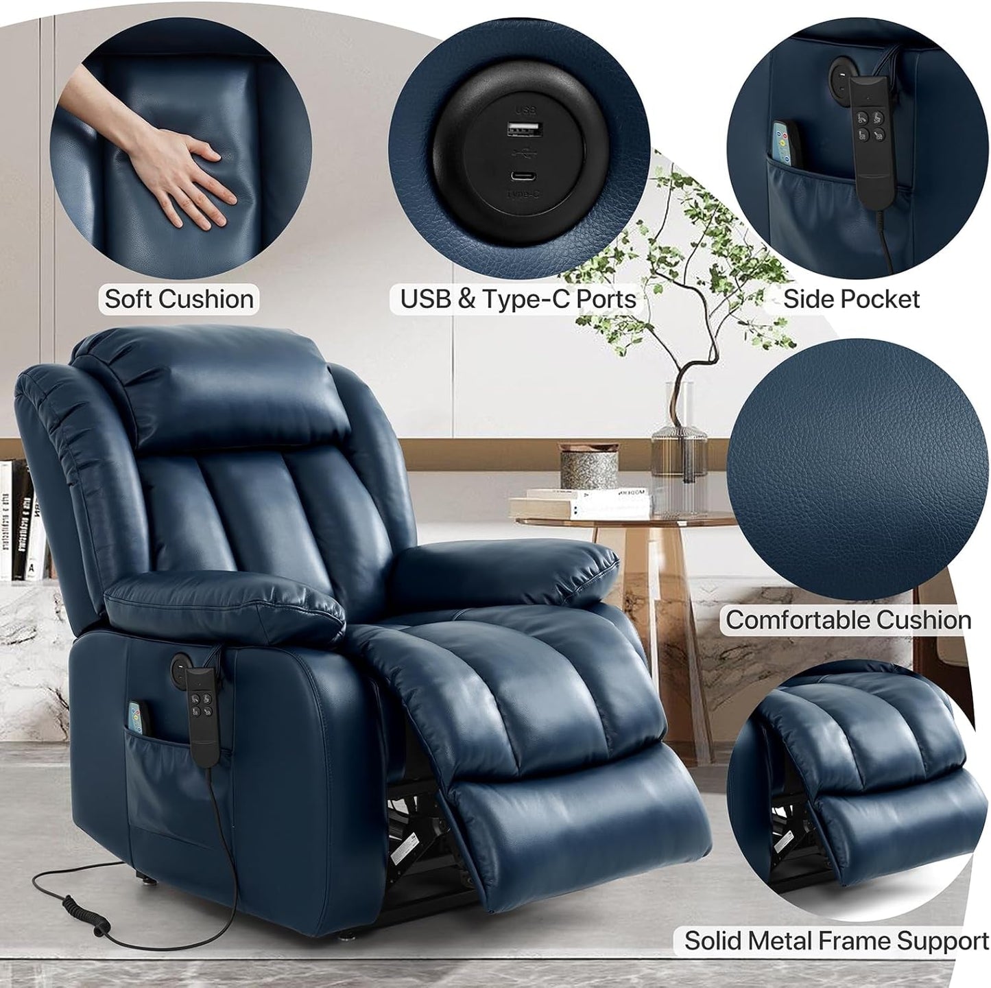 Dual Motor Large Power Lift Recliner Chair Recliners for Elderly, Infinite Position Recliner Chair with Heat and Massage, Breathable Leather(Dark Blue)-4