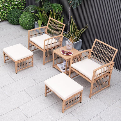 5 Piece Patio Wicker Sofa Set, Outdoor Rattan Conversation Set with Seat Cushions, 2-Tier Coffee Table & 2 Ottomans, Wicker Sofa Set for Backyard, Poolside (Natural)-2