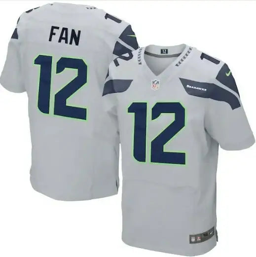 Seattle Seahawks Nike Elite Gray jerseys, one with FAN and 12 on back, another with 12 front