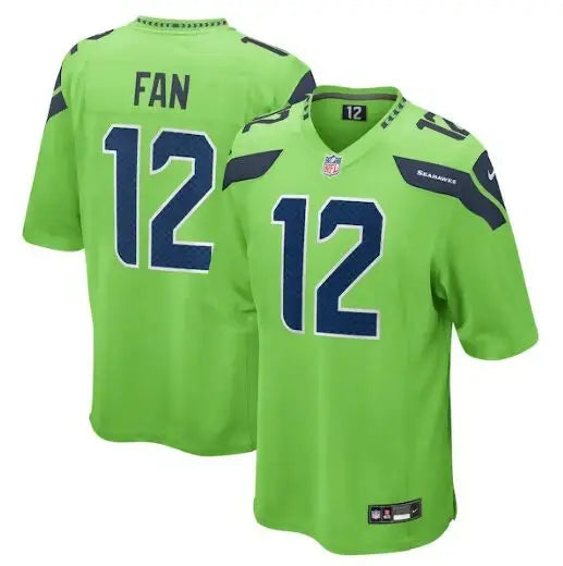 Bright green Seattle Seahawks Nike Game Jersey with number 12 and FAN on the back