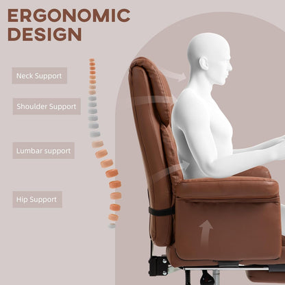 Executive Office Chair with Footrest and Lumbar Support, PU Leather Ergonomic Office Desk Chair, Reclining and Swivel Chair, Brown-3