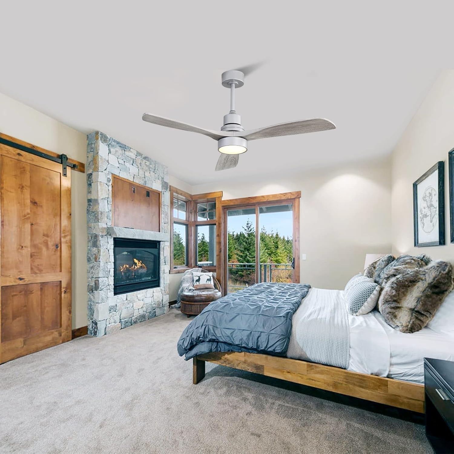 52 Inch Ceiling Fan with Lights, Low Profile Flush Mount Mordern Wood Ceiling Fan with Remote for Indoor Farmhouse Bedroom Living Room Outdoor Patio Porch, Reversible DC Motor, Noiseless-0