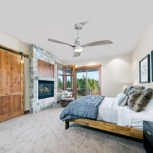 52 Inch Ceiling Fan with Lights, Low Profile Flush Mount Mordern Wood Ceiling Fan with Remote for Indoor Farmhouse Bedroom Living Room Outdoor Patio Porch, Reversible DC Motor, Noiseless-0