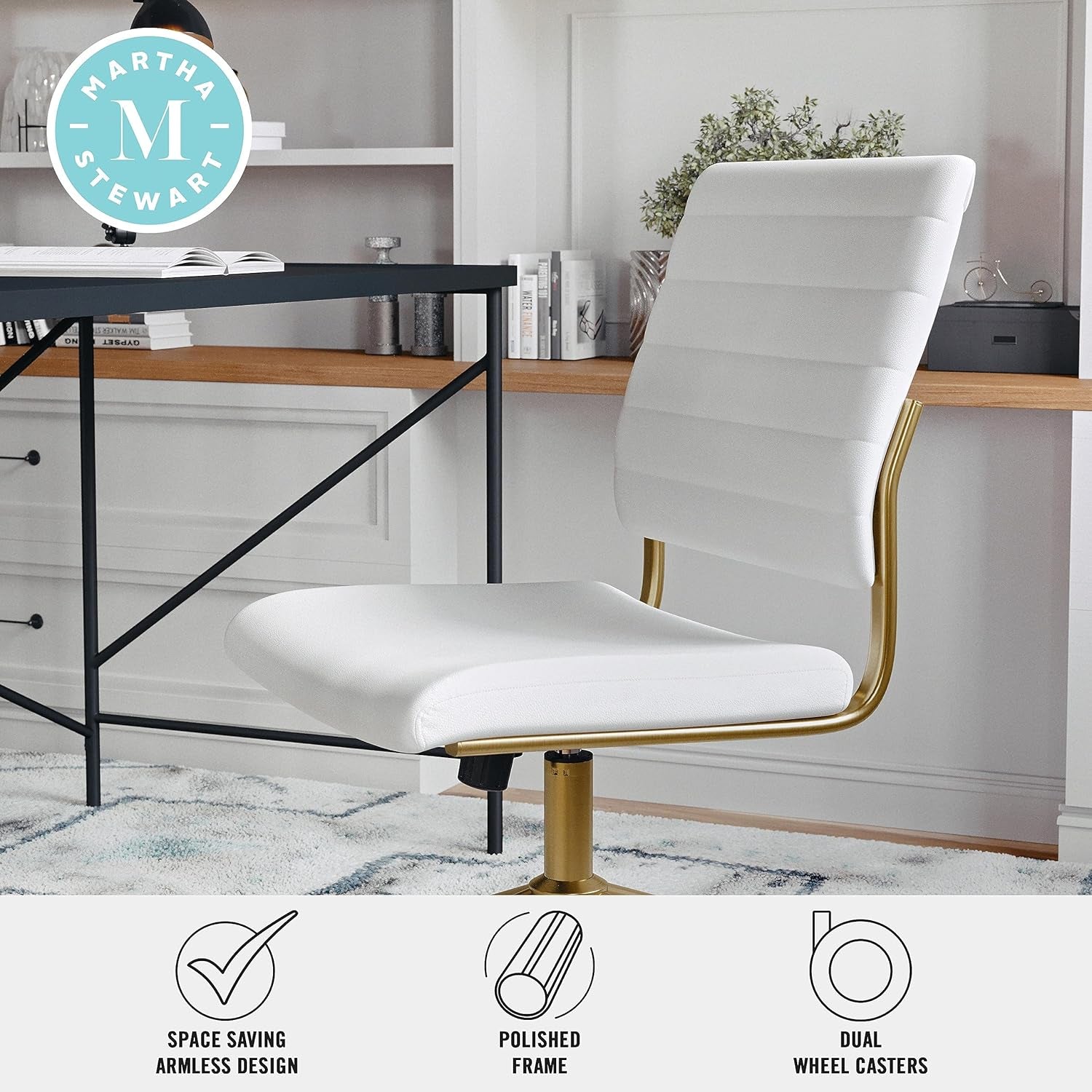 Ivy Armless Swivel Task Chair for Home Office in White Faux Leather with Polished Brass Frame-4