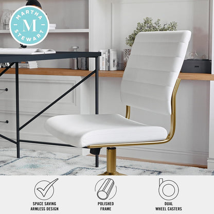Ivy Armless Swivel Task Chair for Home Office in White Faux Leather with Polished Brass Frame-4