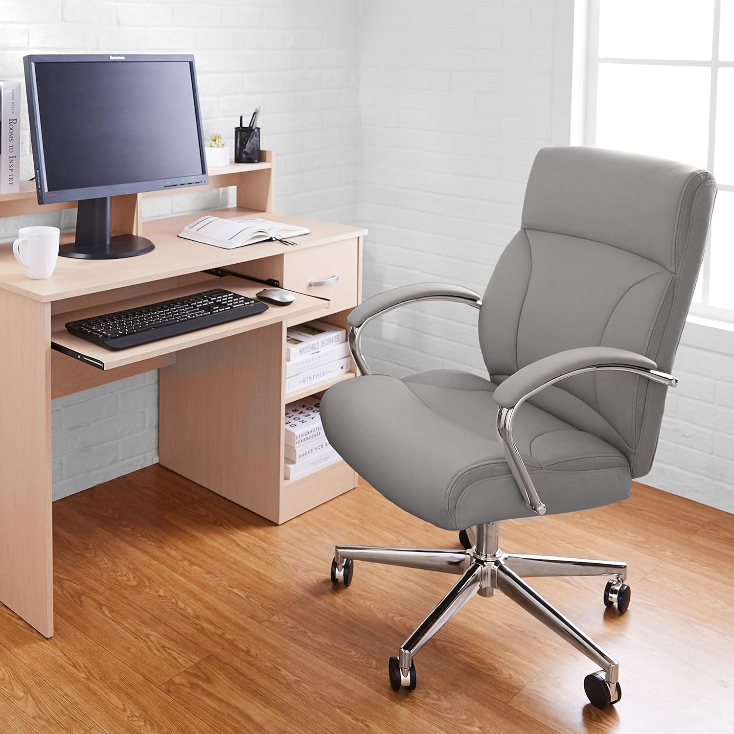 Executive Desk Chair, 275Lb Capacity, Oversized Cushion, Grey Bonded Leather, 29.13"D X 25.2"W X 43.11"H-1