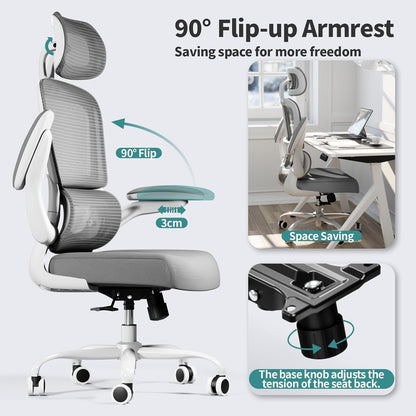 Office Chair Ergonomic Desk Chair, 330 LBS Home Mesh Office Desk Chairs with Wheels, Comfortable Gaming Chair, High Back Office Chair for Long Hours, Office Chair for Study and Work (Grey)-3