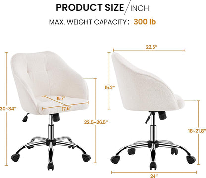 Modern Boucle Desk Chair, Makeup Vanity Chair with Adjustable Tilt Angle, Swivel Office Chair Upholstered Armchair Study Chair for Living Room and Makeup Room Ivory-2
