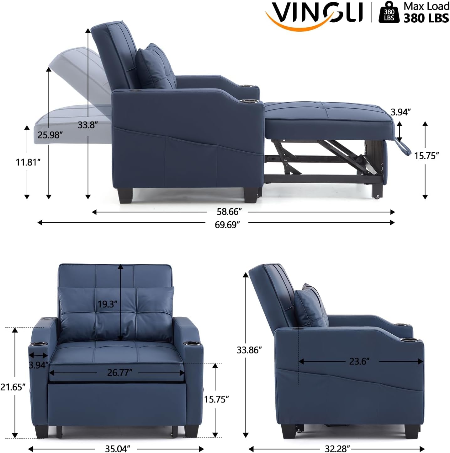 Sofa Bed Chair Recliner, 3-In-1 Convertible Sleeper Sofa Chair Bed Blue Daybed Pull Out Couch Bed with Adjustable Backrest, USB Ports, Cup Holders for Small Spaces Living Room-1
