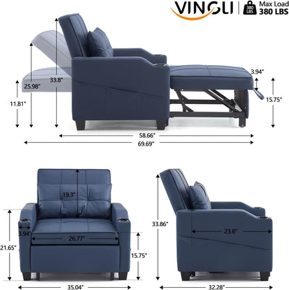 Sofa Bed Chair Recliner, 3-In-1 Convertible Sleeper Sofa Chair Bed Blue Daybed Pull Out Couch Bed with Adjustable Backrest, USB Ports, Cup Holders for Small Spaces Living Room-1