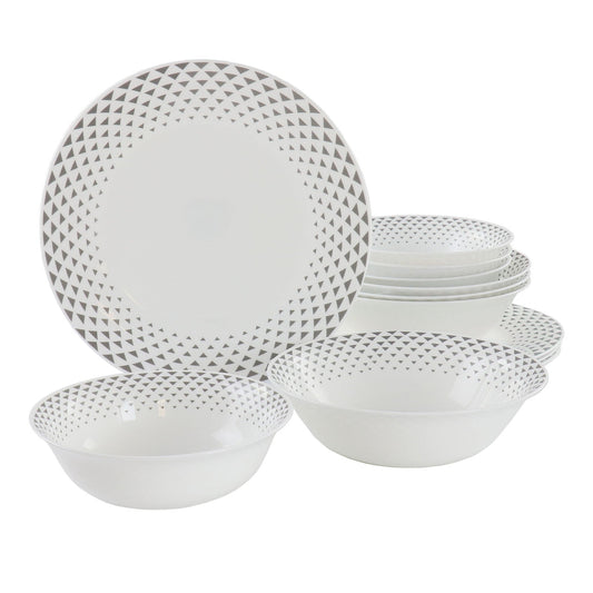 Ultra by Gibson Cane Peak 12 Piece Opal Glass Dinnerware Set in White With Grey Accents-0