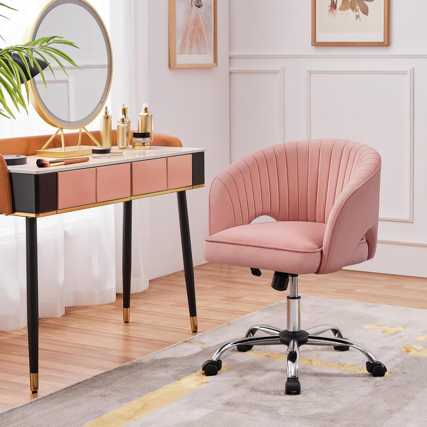 Pink Desk Chair Vanity Chair with Back Home Office Chair Cute Desk Chair Modern Swivel Rolling Chair Computer Chair for Study, Vanity, Bedroom-1
