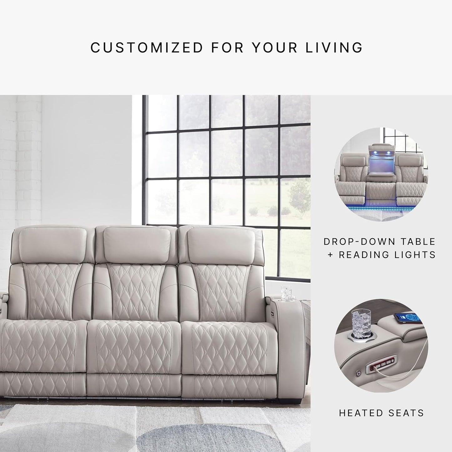 Boyington Contemporary Leather Match Power Reclining Sofa with USB Charging Ports, LED Lights and Adjustable Headrest, Light Gray-4