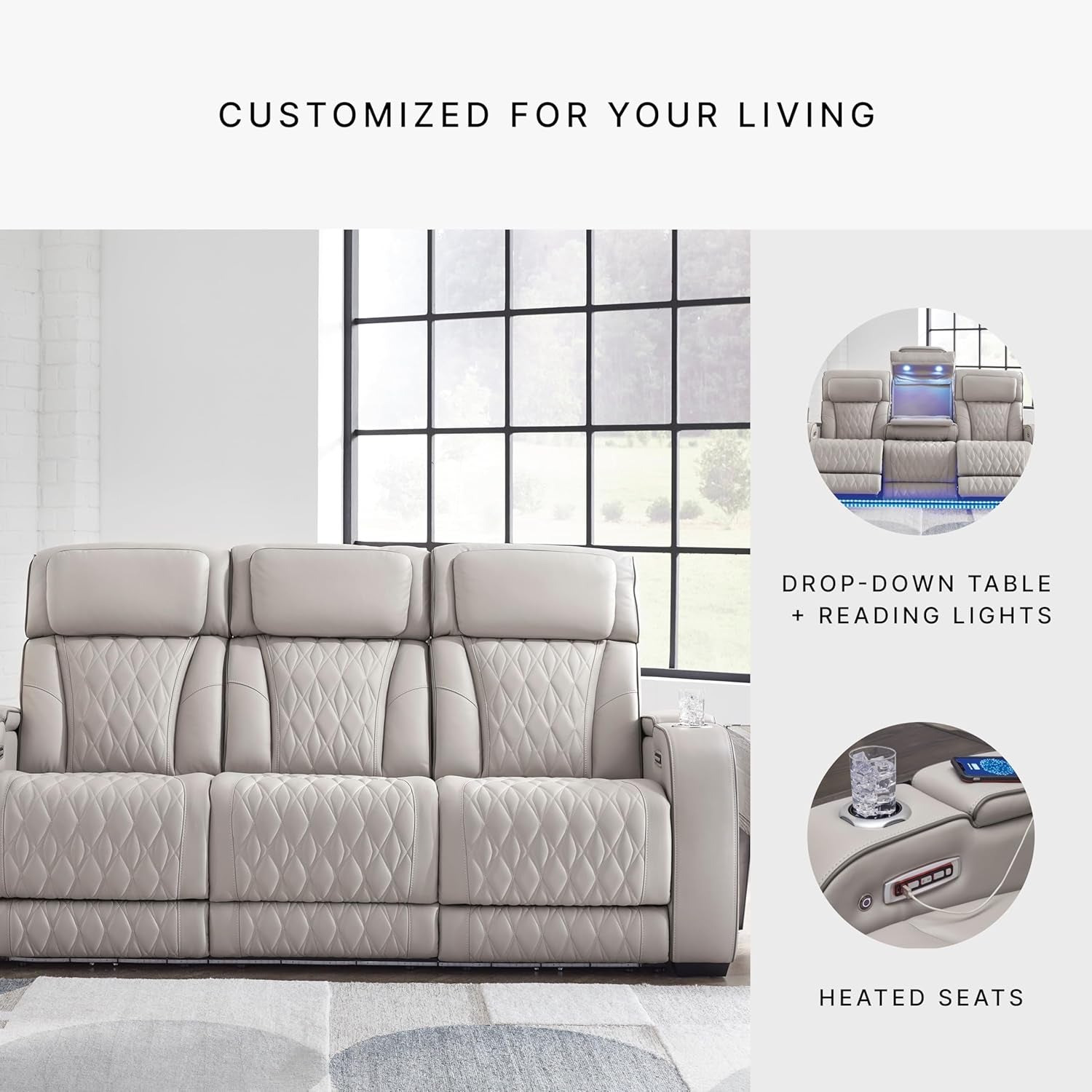 Boyington Contemporary Leather Match Power Reclining Sofa with USB Charging Ports, LED Lights and Adjustable Headrest, Light Gray-4