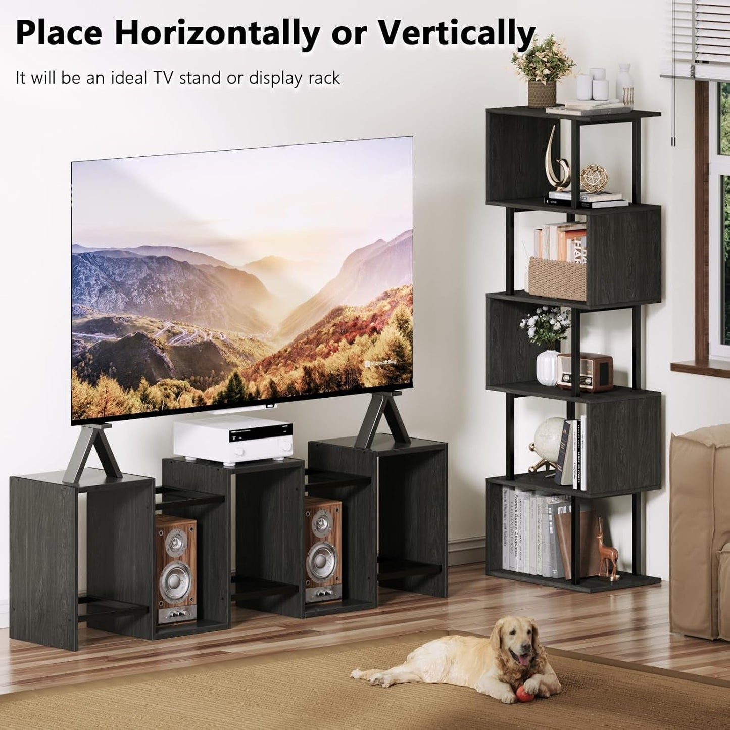 6 Tier Bookshelf Tall Geometric Bookcase, S-Shaped Industrial Display Standing Shelf, Metal and Wood Decorative Storage Room Divider Shelves for Bedroom, Living Room, Office, Light Black Oak-4