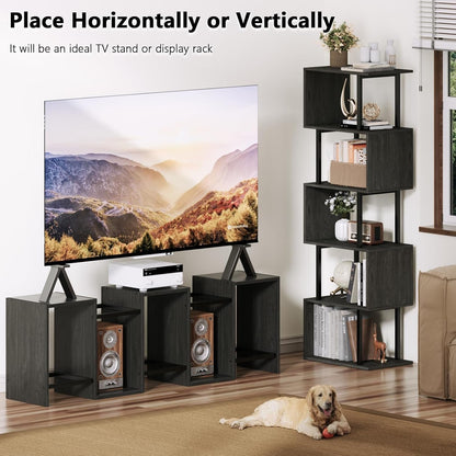 6 Tier Bookshelf Tall Geometric Bookcase, S-Shaped Industrial Display Standing Shelf, Metal and Wood Decorative Storage Room Divider Shelves for Bedroom, Living Room, Office, Light Black Oak-4