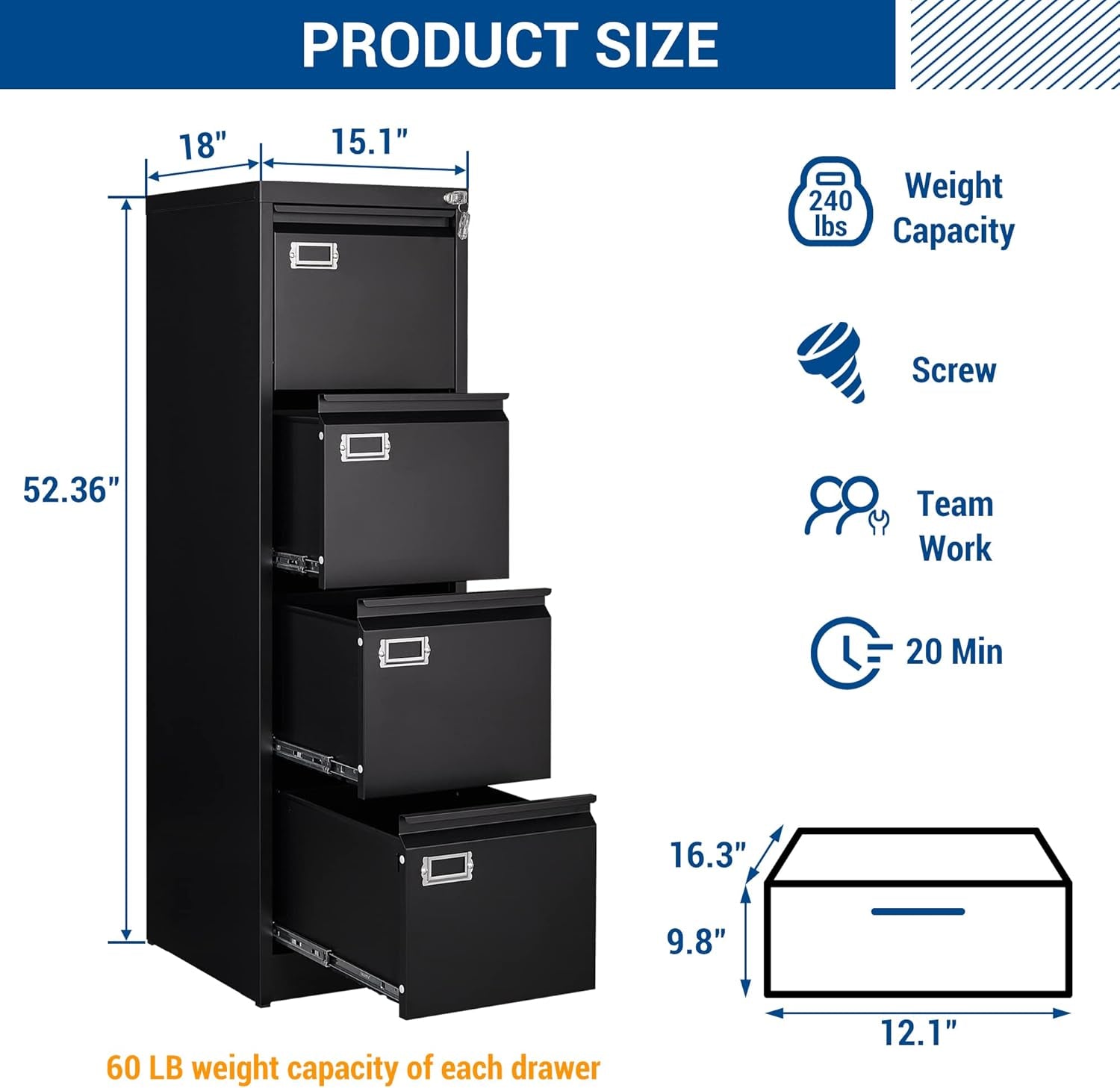 File Cabinet - 4 Drawers Vertical 17.8" Deep Lockable Filing Cabinet Black Metal Storage Cabinets for Home Office to Hanging Files Letter/Legal/F4/A4 Size-2