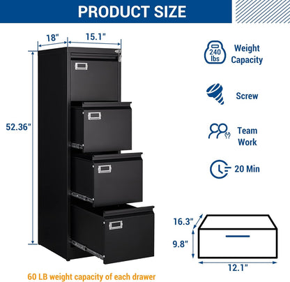 File Cabinet - 4 Drawers Vertical 17.8" Deep Lockable Filing Cabinet Black Metal Storage Cabinets for Home Office to Hanging Files Letter/Legal/F4/A4 Size-2