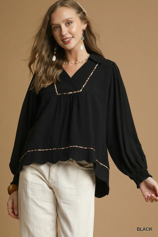 Umgee Full Size Linen Scallop Hem Blouse with Contrast Trim Plus Size