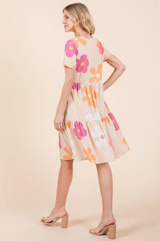 BOMBOM Floral Round Neck Short Sleeve Tiered Dress