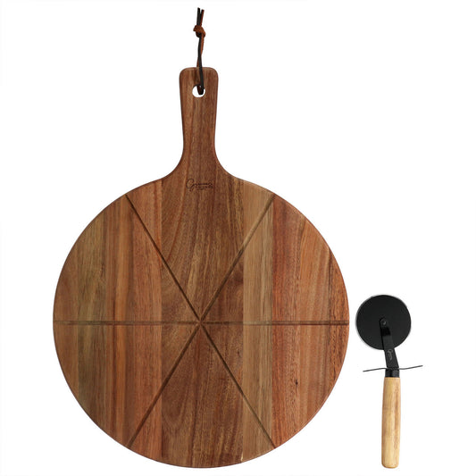 Gibson Elite 2 Piece Acacia Wood Serving Board and Pizza Cutter Set in Brown-0
