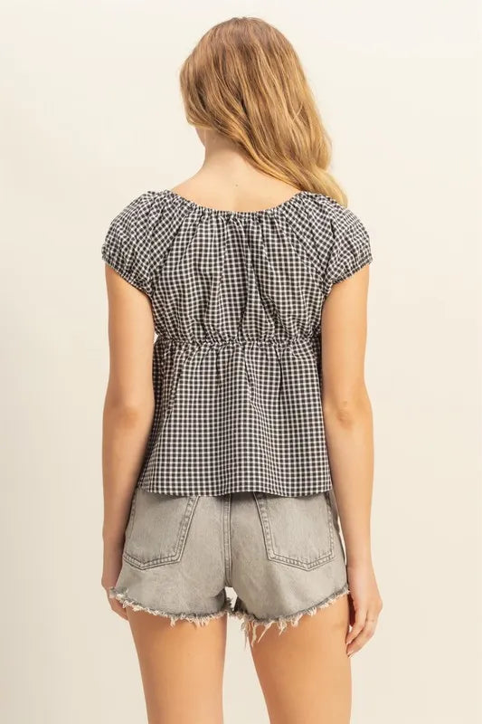 HYFVE Gingham Scoop Neck Cap Sleeve Blouse