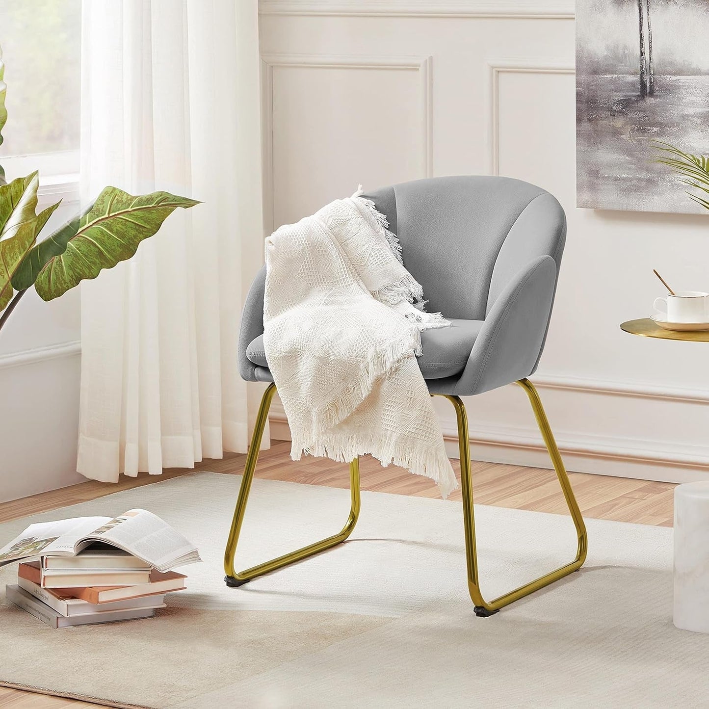 Flower Shape Velvet Vanity Chair, Modern Side Chair Armchair with Golden Metal Legs for Living Room/Dressing Room/Bedroom/Home Office/Kitchen, Gray-3