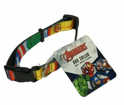 Avengers dog collar with character print design and black plastic buckle for small/medium dogs