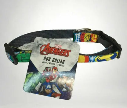 Marvel Avengers-themed dog collar with character designs for small to medium Avengers dog