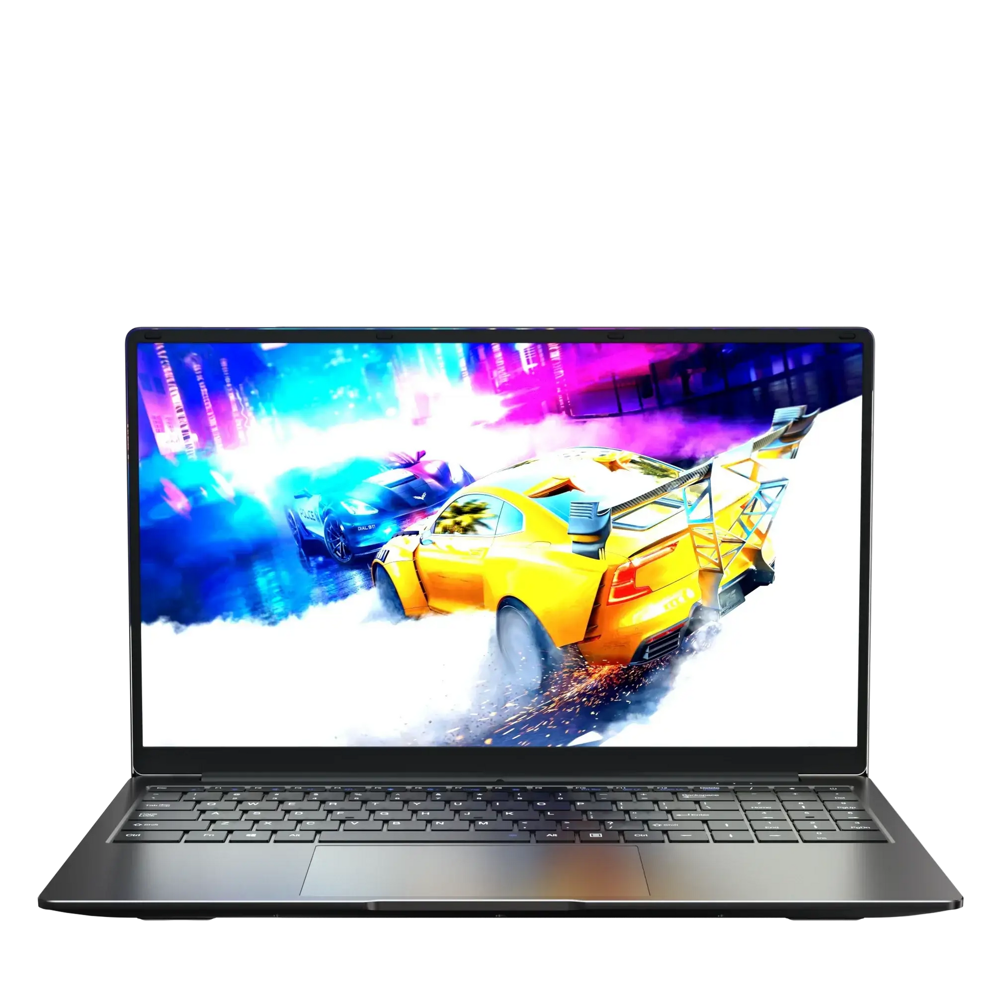 Dark gray laptop displaying colorful racing game on screen, ideal for 15.6 Inch 8GB 1TB N5095 Win 11 Computer Hardware Software Laptop