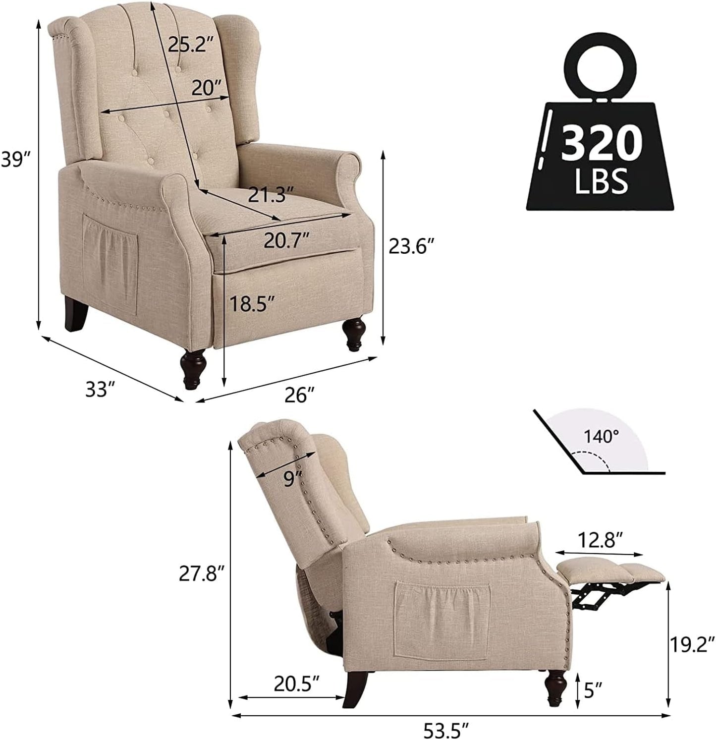 Wingback Recliner Chair with Massage and Heat, Tufted Fabric Push Back Recliner Chair for Living Room, Vintage Recliner Chair with Remote Control, Padded Cushion, Backrest, Wooden Legs-1
