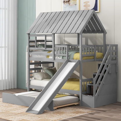 Kids Twin over Twin Bunk Beds with Slide and Trundle, Solid Wood Bunk Bed Frame with Stairs and Storage, Playhouse Bunk Bed with Roof and Window for Kids, Teens, Girls & Boys (Gray)-1